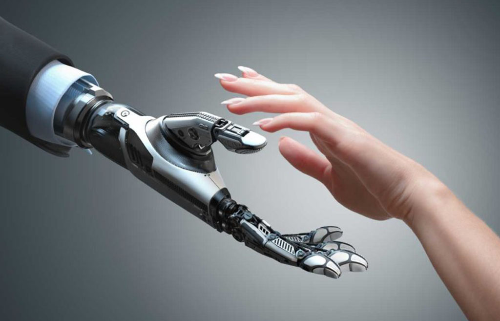 Human and mechanical hand reaching for each other