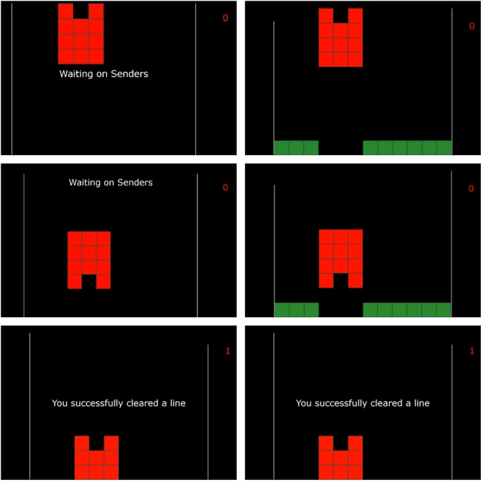6 screens showing the tetris game with dropping blocks in different directions.