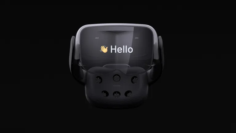 image of cognixion one headset with the word hello displayed on the front, view from the outside.