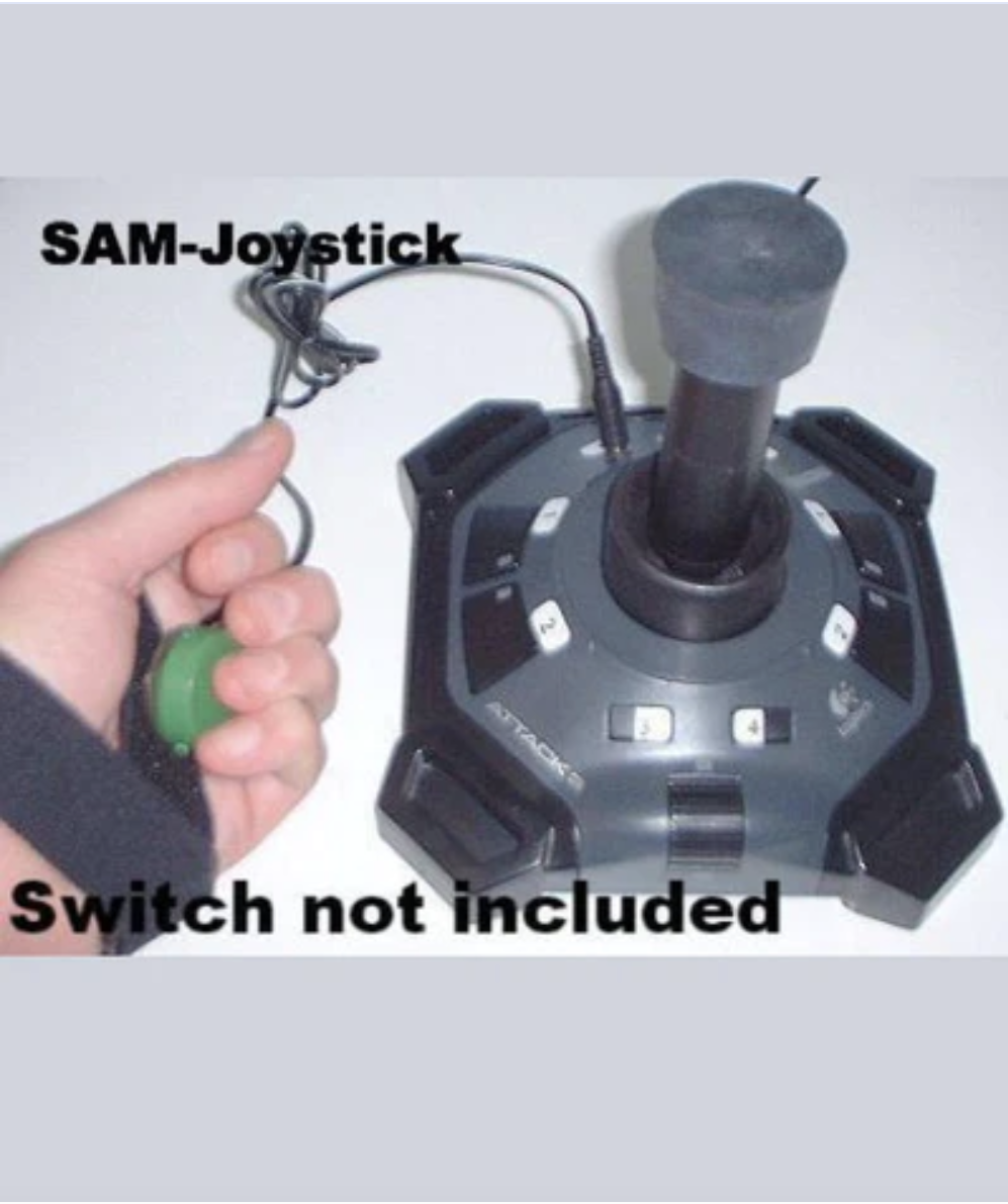 Holding the sam joy stick with left hand. They are pressing a green button, with the joy stick next to the hand