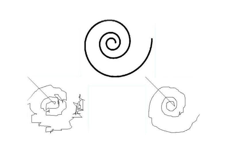 Spiral drawings made with and without using tech filter.