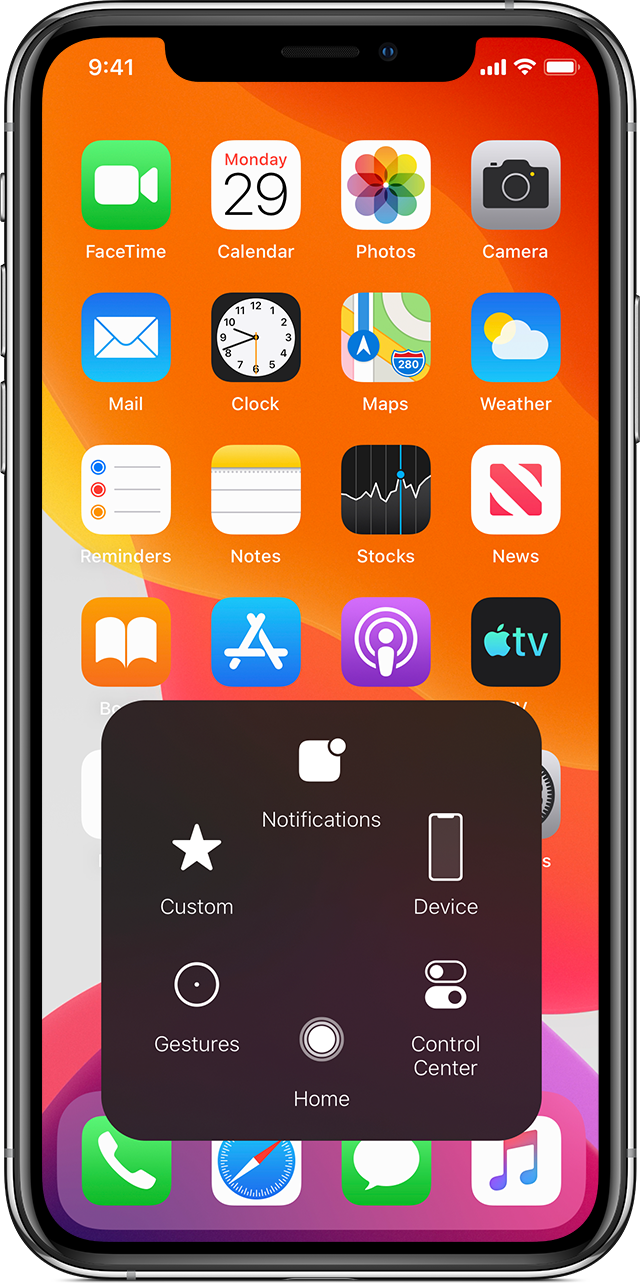Light gray, assistive touch overlay with white icons on an apple iPhone screen